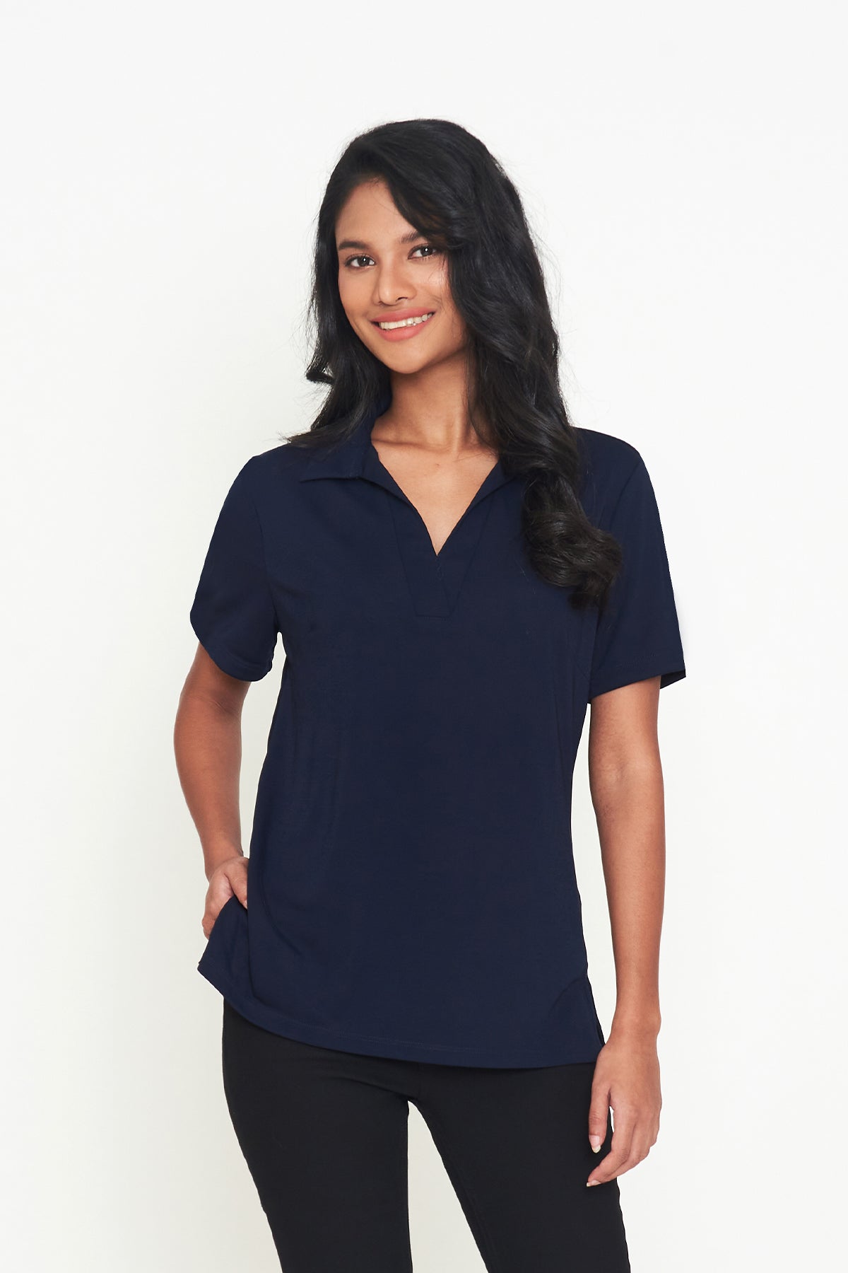 Short Sleeve Ella S/Slv Detail Polo Top w/side Splits