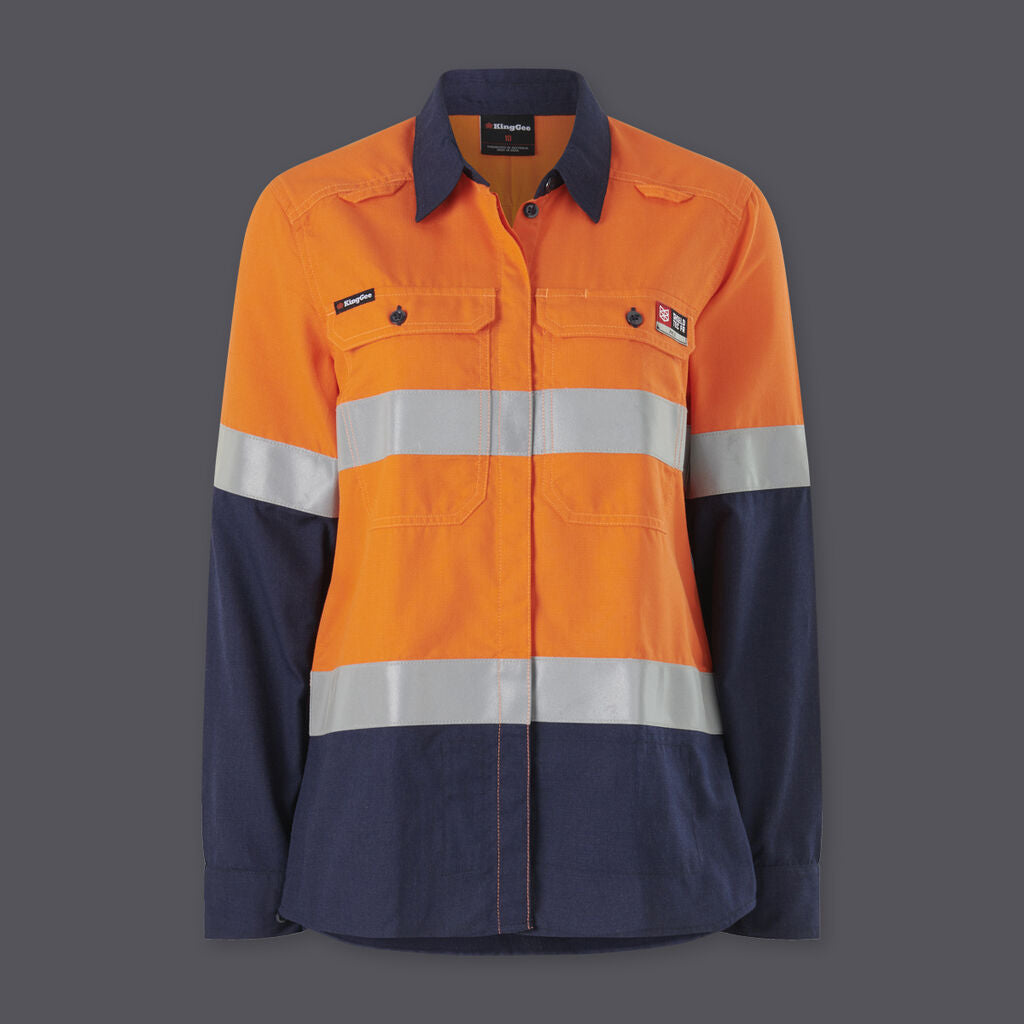 KingGee Womens Shieldtec Lenzing FR Hi-Vis Spliced Open Front Taped Shirt
