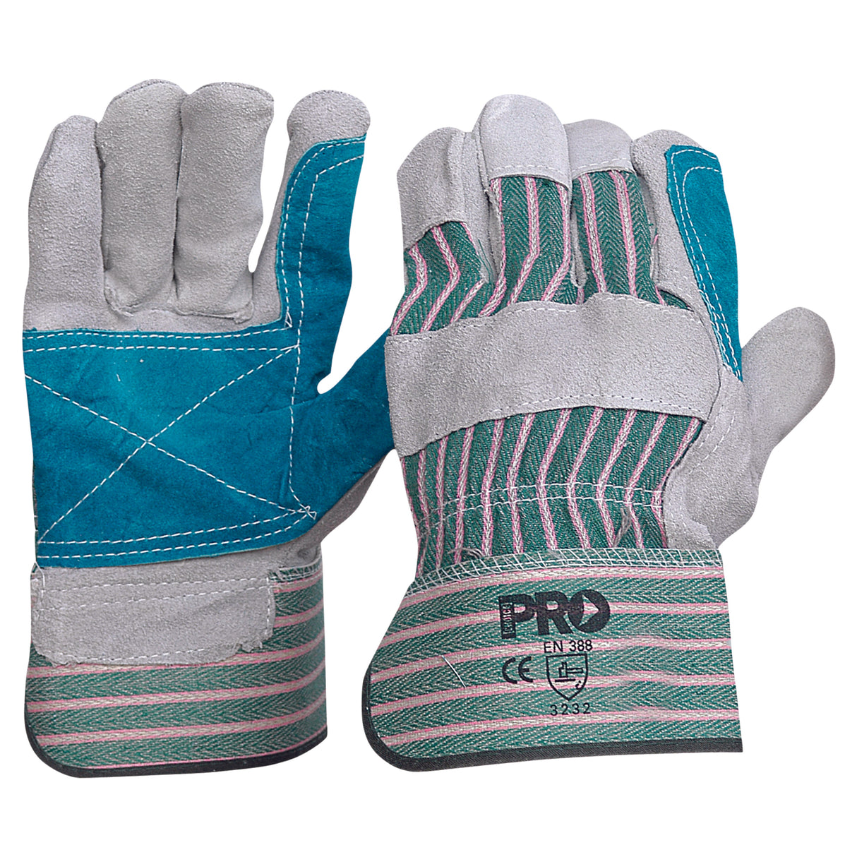 Green & Grey Striped Cotton / Leather Gloves (12 Pair)