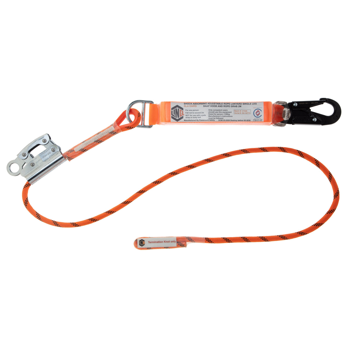 Single Leg 2M Shock Absorb Adjustable Rope Lanyard With Hardware Sn & Rg