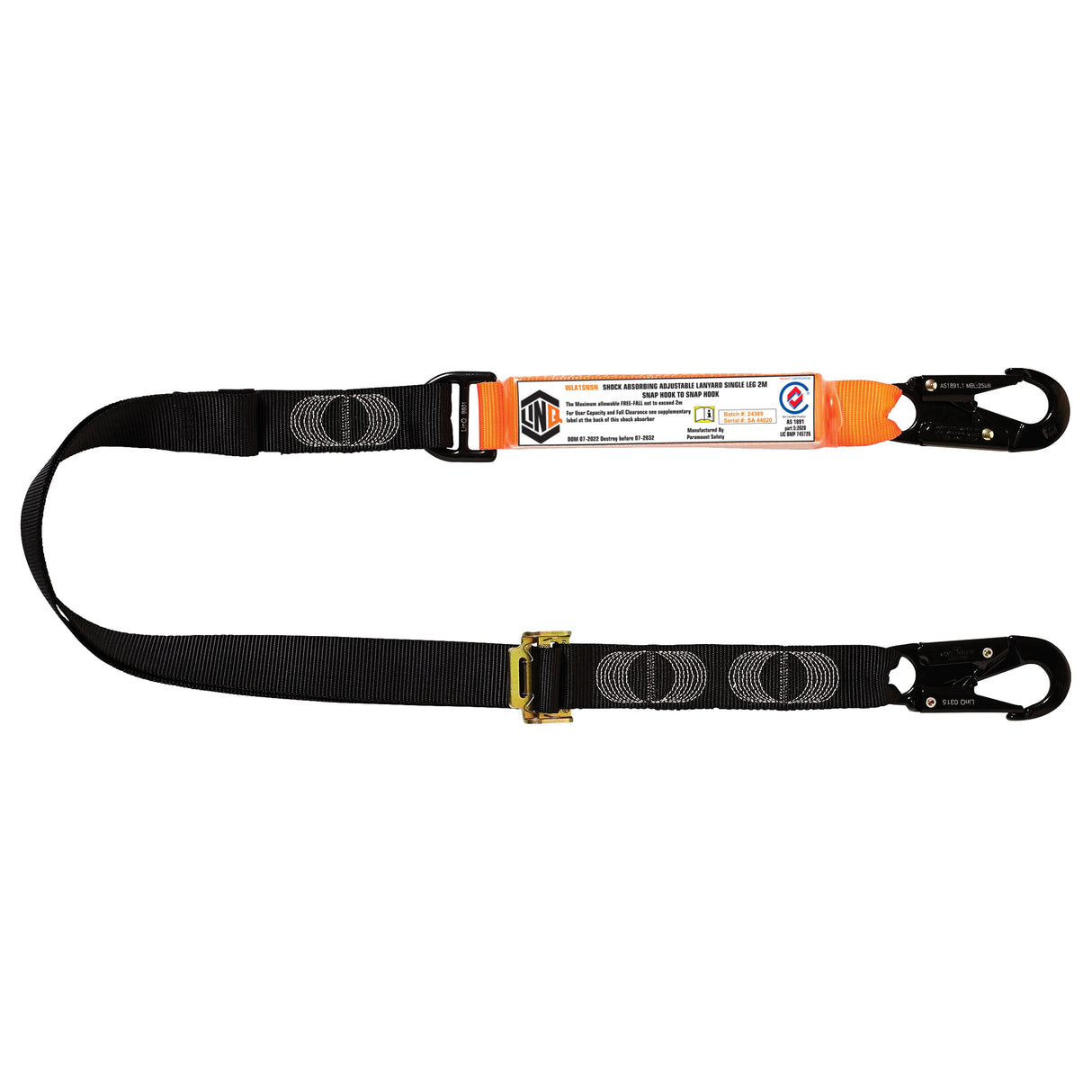 Elite Single Leg Shock Absorbing 2M Adjustable Lanyard With Hardware Sn X2