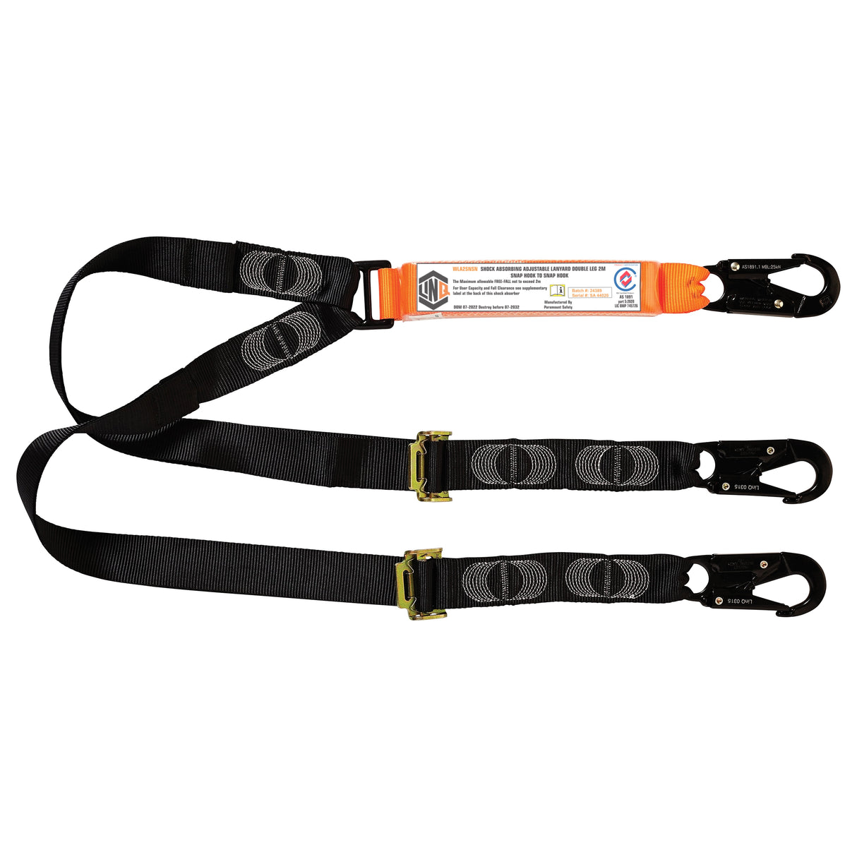 Elite Double Leg Shock Absorbing 2M Adjustable Lanyard With Hardware Sn X3