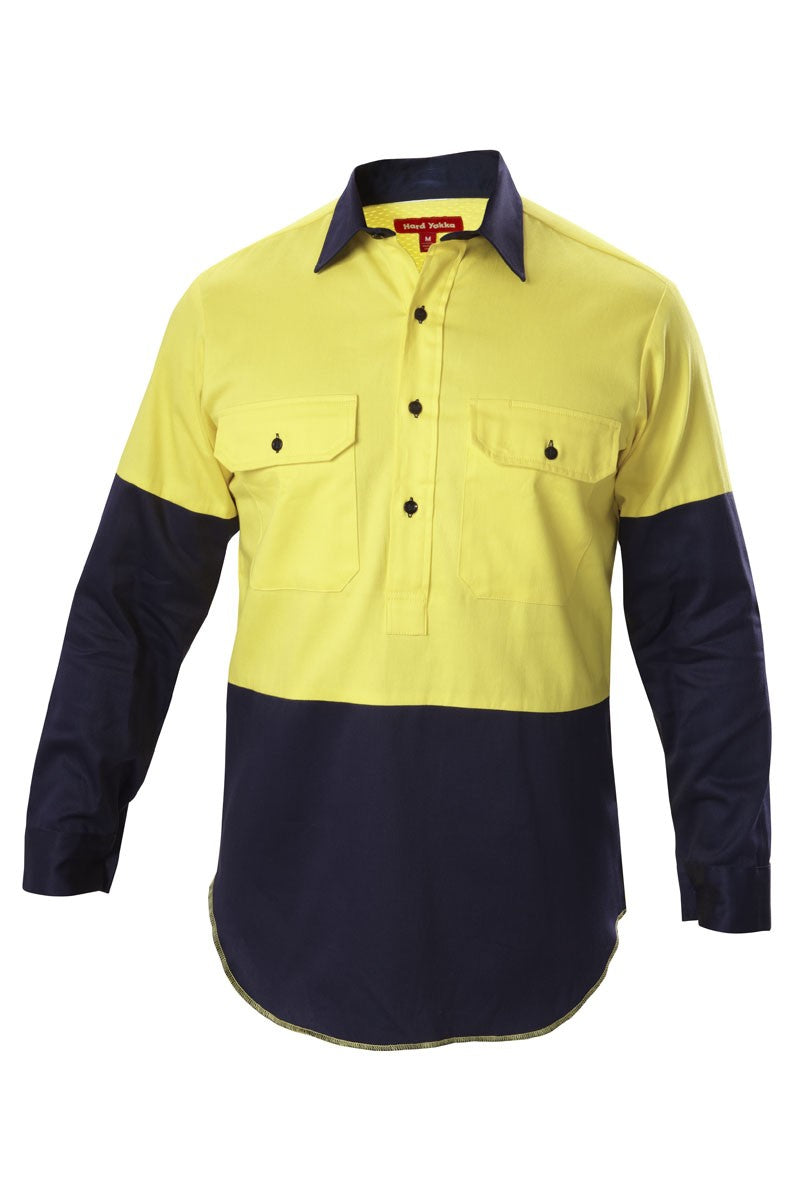 Hard Yakka Foundations Hi-Visibility Two Tone Closed Front Long Sleeve Cotton Drill Shirt With Gusset