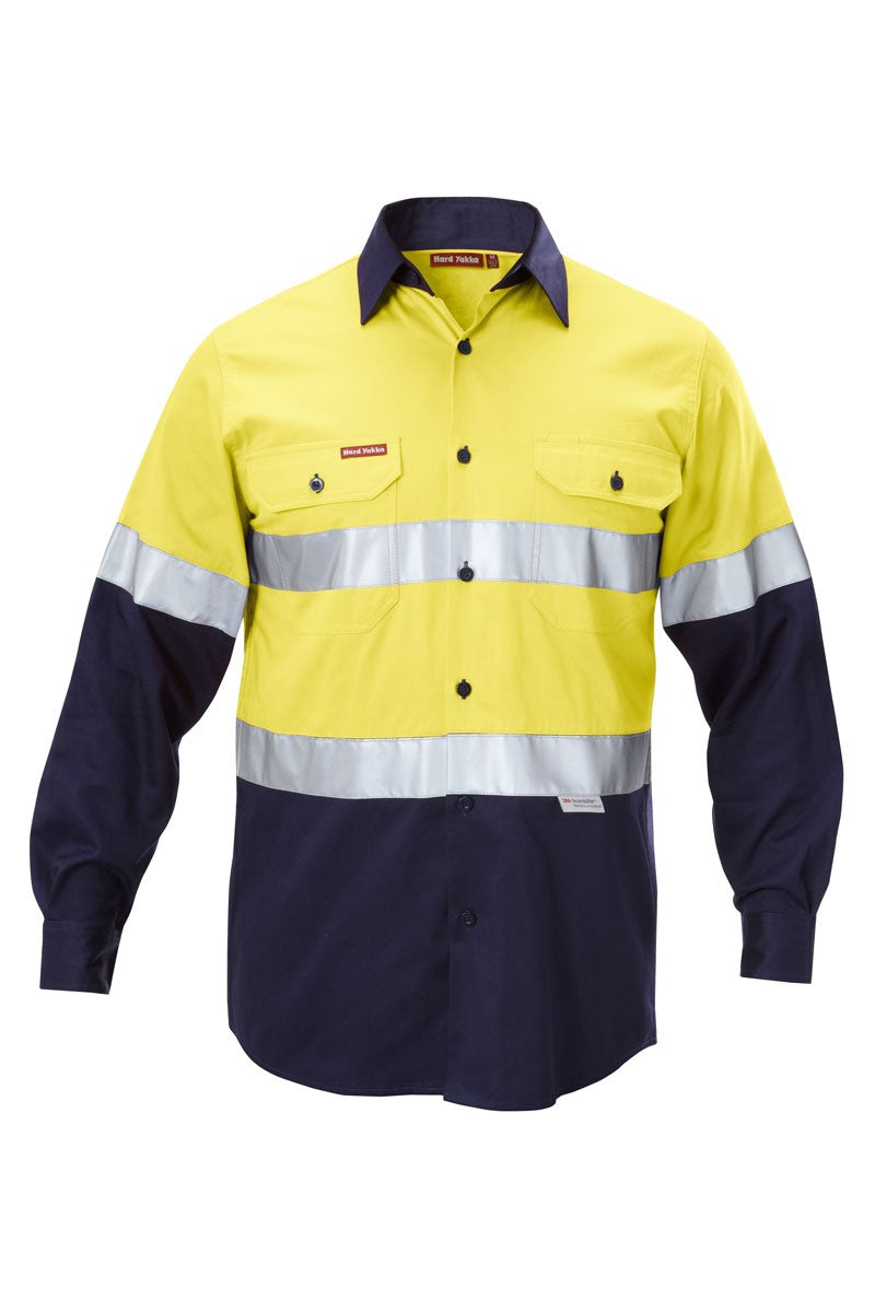 Hard Yakka Foundations Hi-Visibility Two Tone Cotton Drill Long Sleeve Shirt With Tape