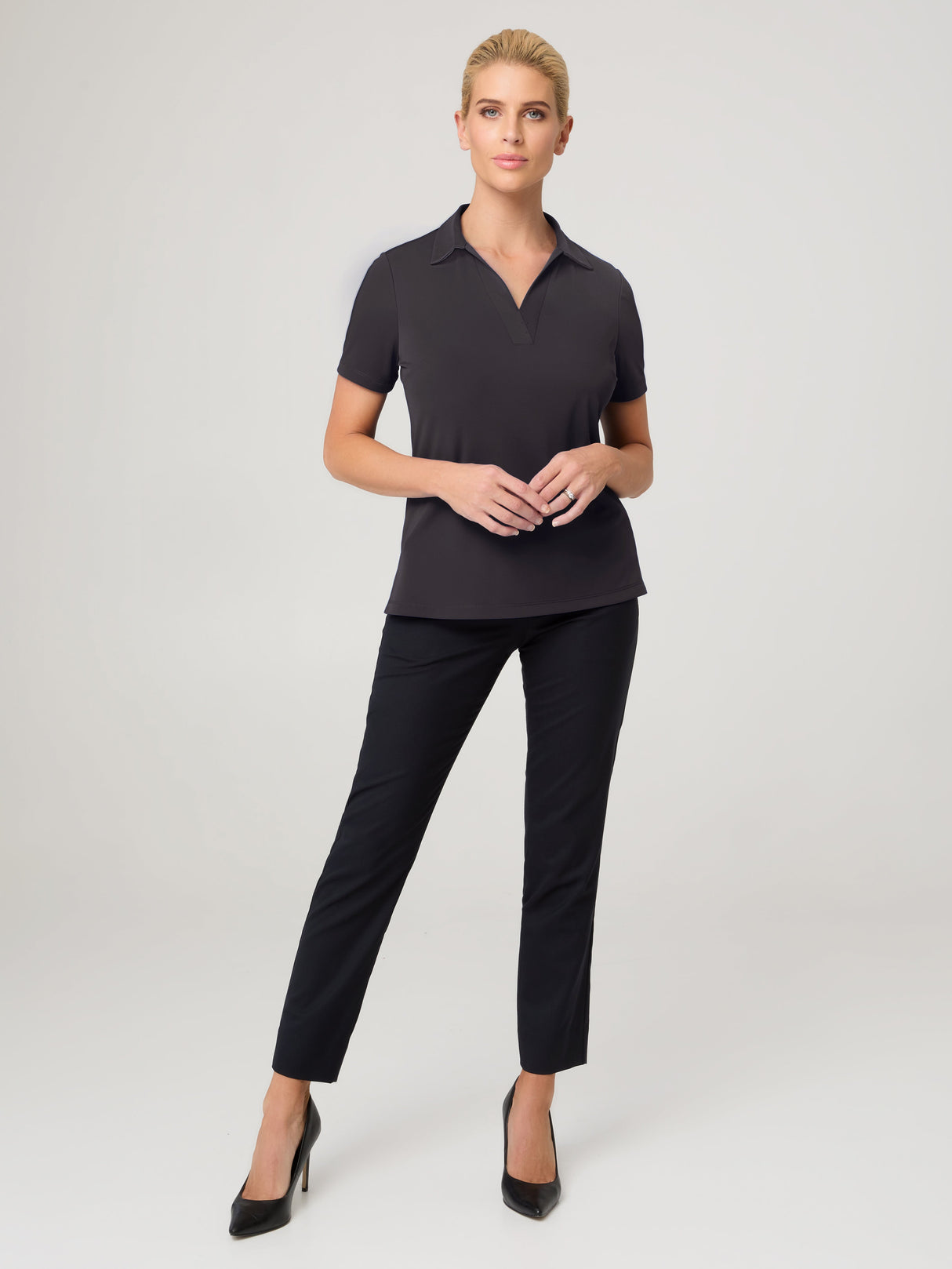 Short Sleeve Ella S/Slv Detail Polo Top w/side Splits