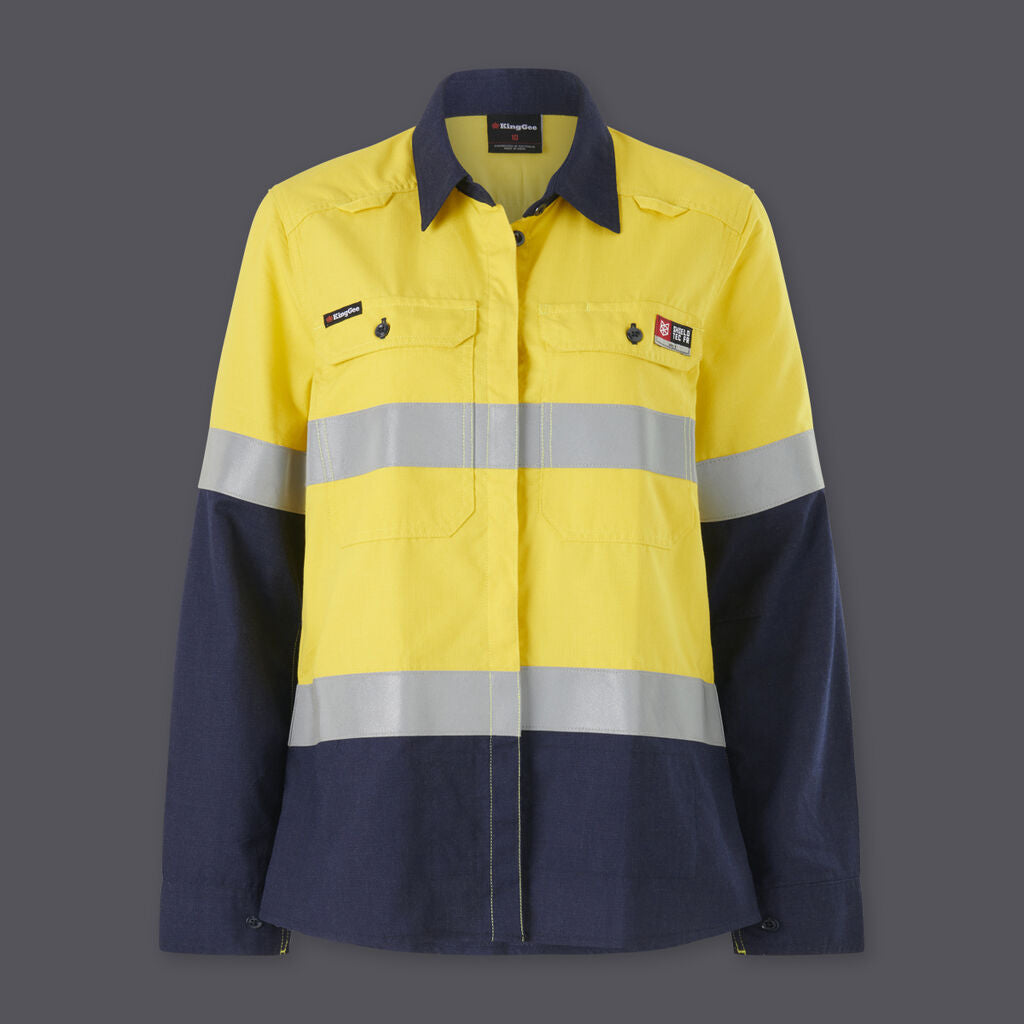 KingGee Womens Shieldtec Lenzing FR Hi-Vis Spliced Open Front Taped Shirt