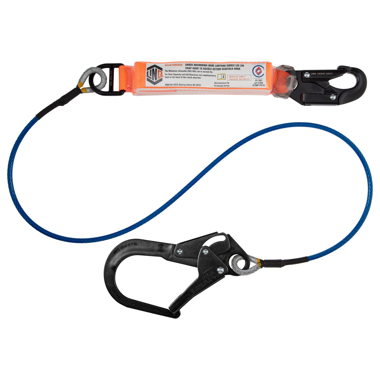 Elite Single Leg Shock Absorbing 2M Wire Rope Lanyard With Hardware Sn & Sd