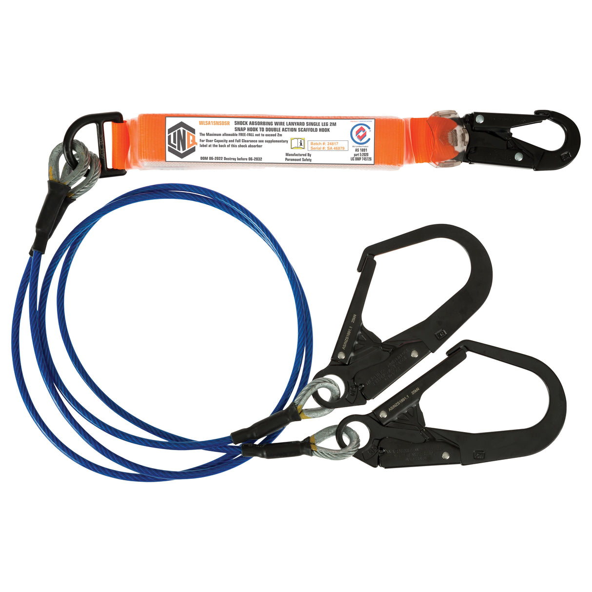 Elite Double Leg Shock Absorbing 2M Wire Rope Lanyard With Hardware Sn & Sd X2