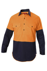 Hard Yakka Foundations Hi-Visibility Two Tone Closed Front Long Sleeve Cotton Drill Shirt With Gusset